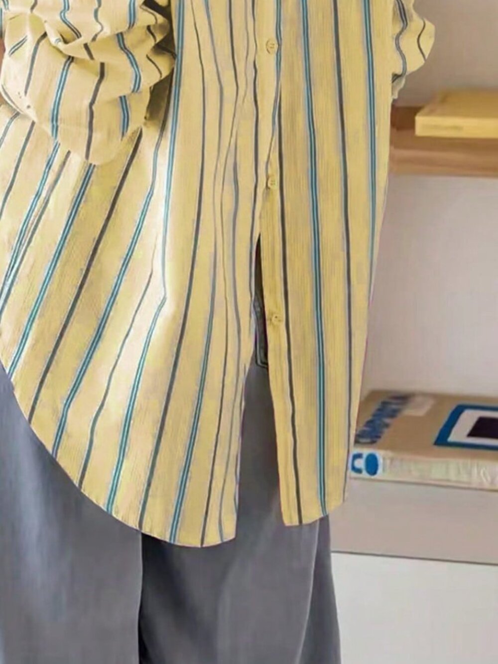 Yellow Casual Women's Striped Pocket Front Button Back Button Long Sleeve Shirt - Picture 5 of 6